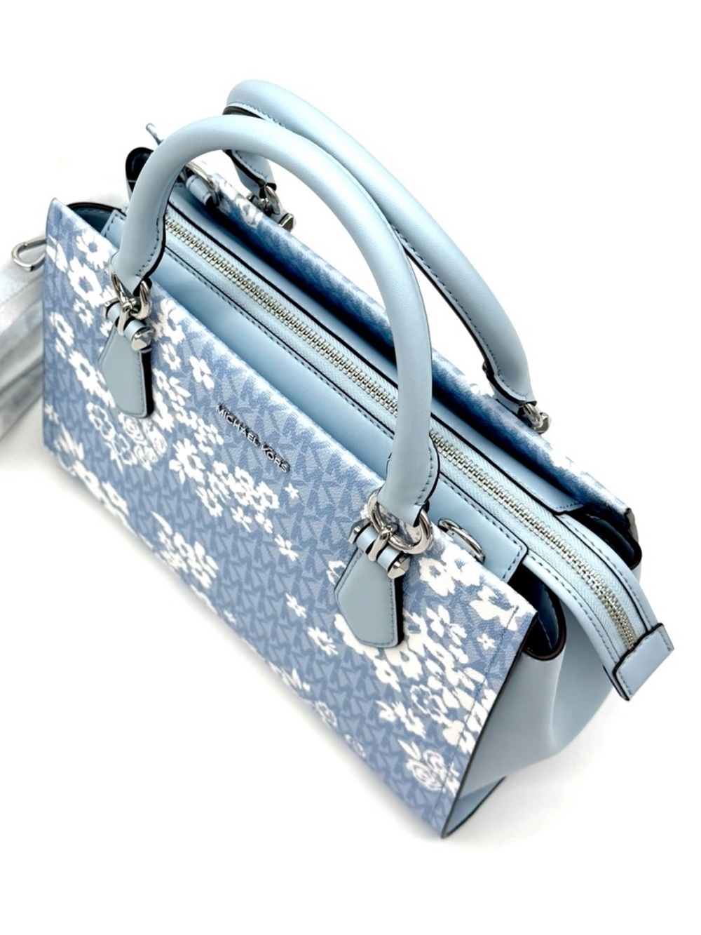 Michael Kors Marilyn Medium Printed Signature Logo Satchel Bag - Pale Ocean - Picture 5 of 8